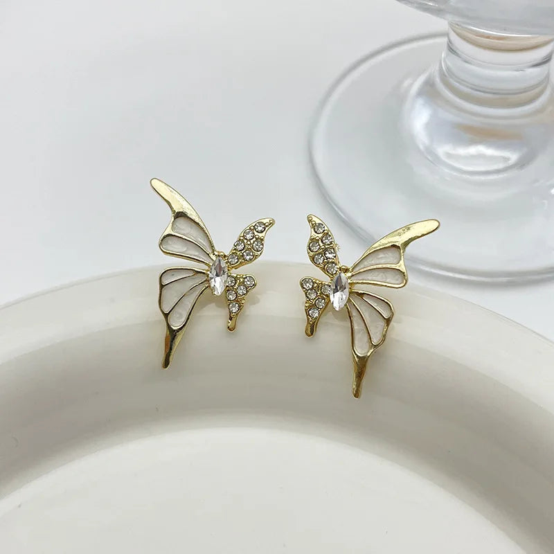 Golden Butterfly Stud Earrings with Pink Enamel Wings