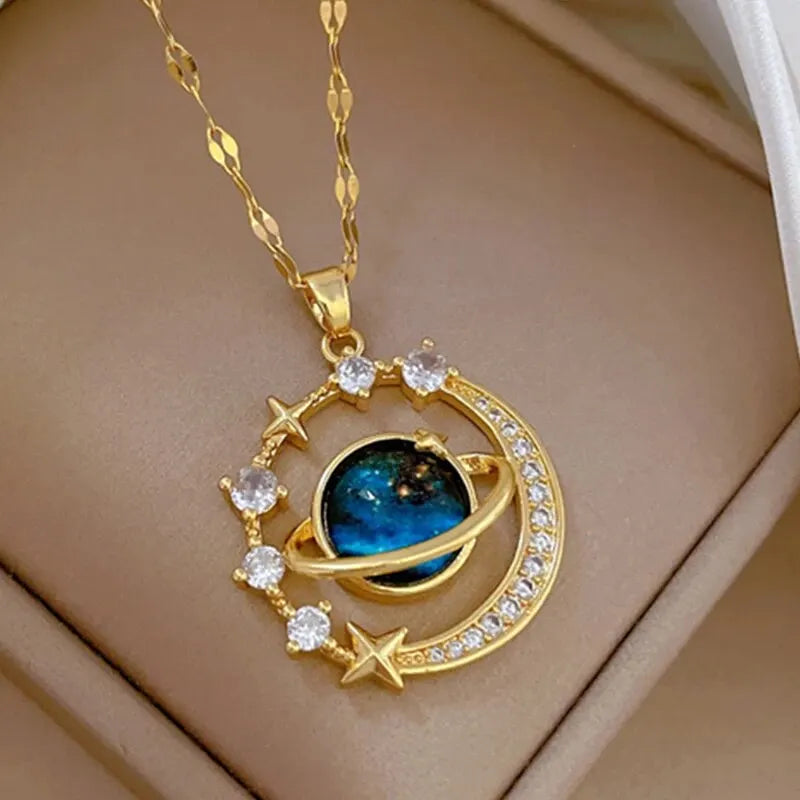 Galaxy Planet Necklace with Sparkling Crescent Moon