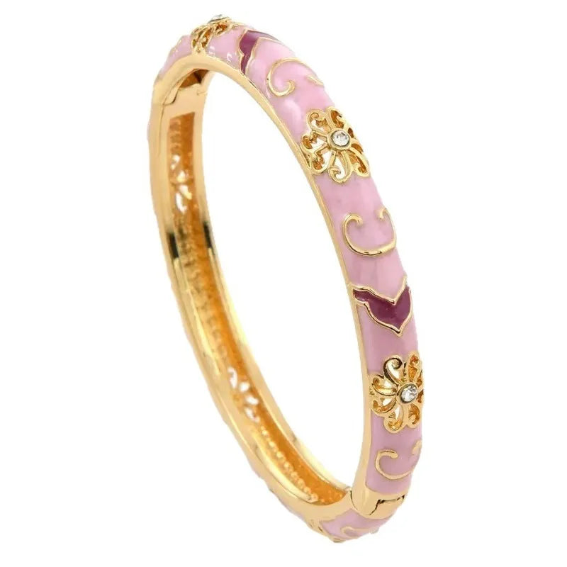 Colorful Enamel Floral Bangle Bracelet Retro Gold-Tone Open Cuff Elegant Dainty Jewelry For Women Gifts