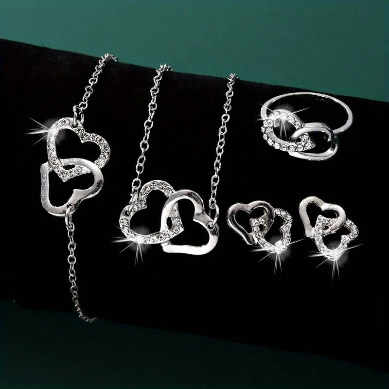 Vintage Rhinestone Jewelry Set - 5Pcs Alloy Necklace Earrings Bracelet Ring Classic Daily Wear