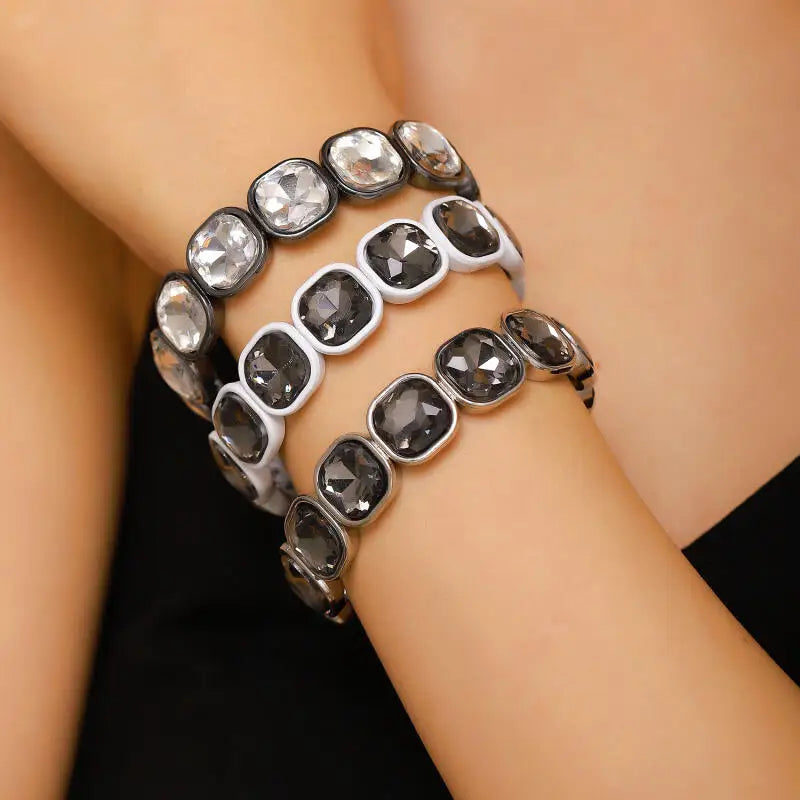 Geometric Square Acrylic Imitation Rhinestone Beaded Bracelets for Women Men Causal Fashion Elastic Bracelet Jewelry Accessories
