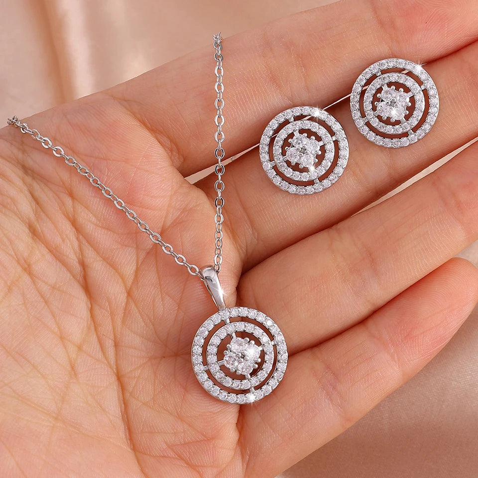 ZAKOL Minimalist Fashion Women Jewelry Set Round Cubic Zirconia Pendant Necklace Earrings Bridal Wedding Accessories