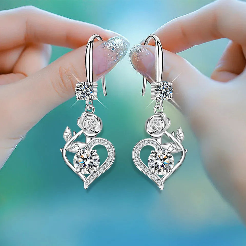 Rose Flower Heart Drop Earrings For Women Silver Color Blue Red Green Pink Zircon Valentine Dangle Earring Mothers Day Jewelry