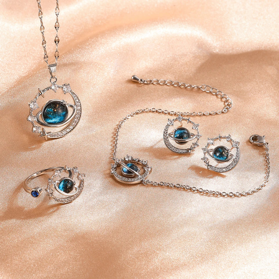 Galaxy Planet Necklace with Sparkling Crescent Moon