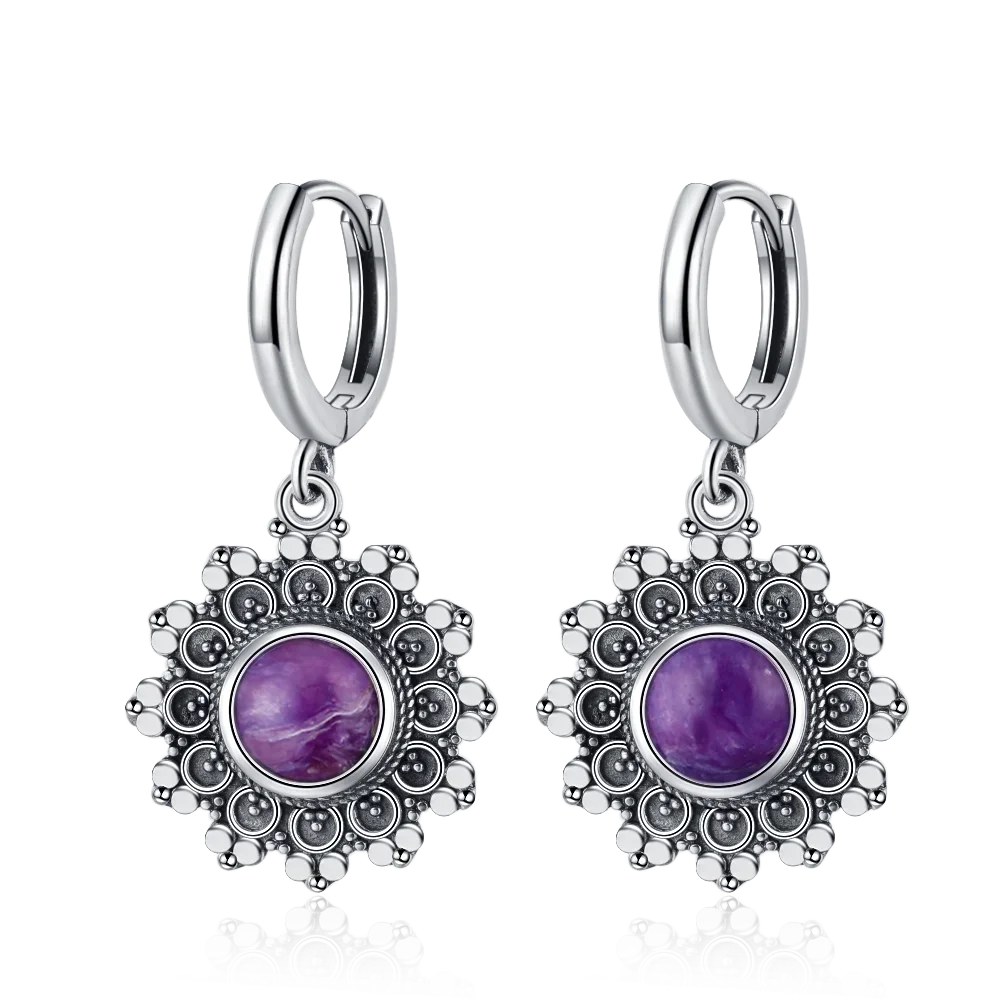 Silver Plated Snowflake Natural Kyanite Earrings for Women Round 6MM Blue Stone Vintage Jewelry Party Anniversary Gifts