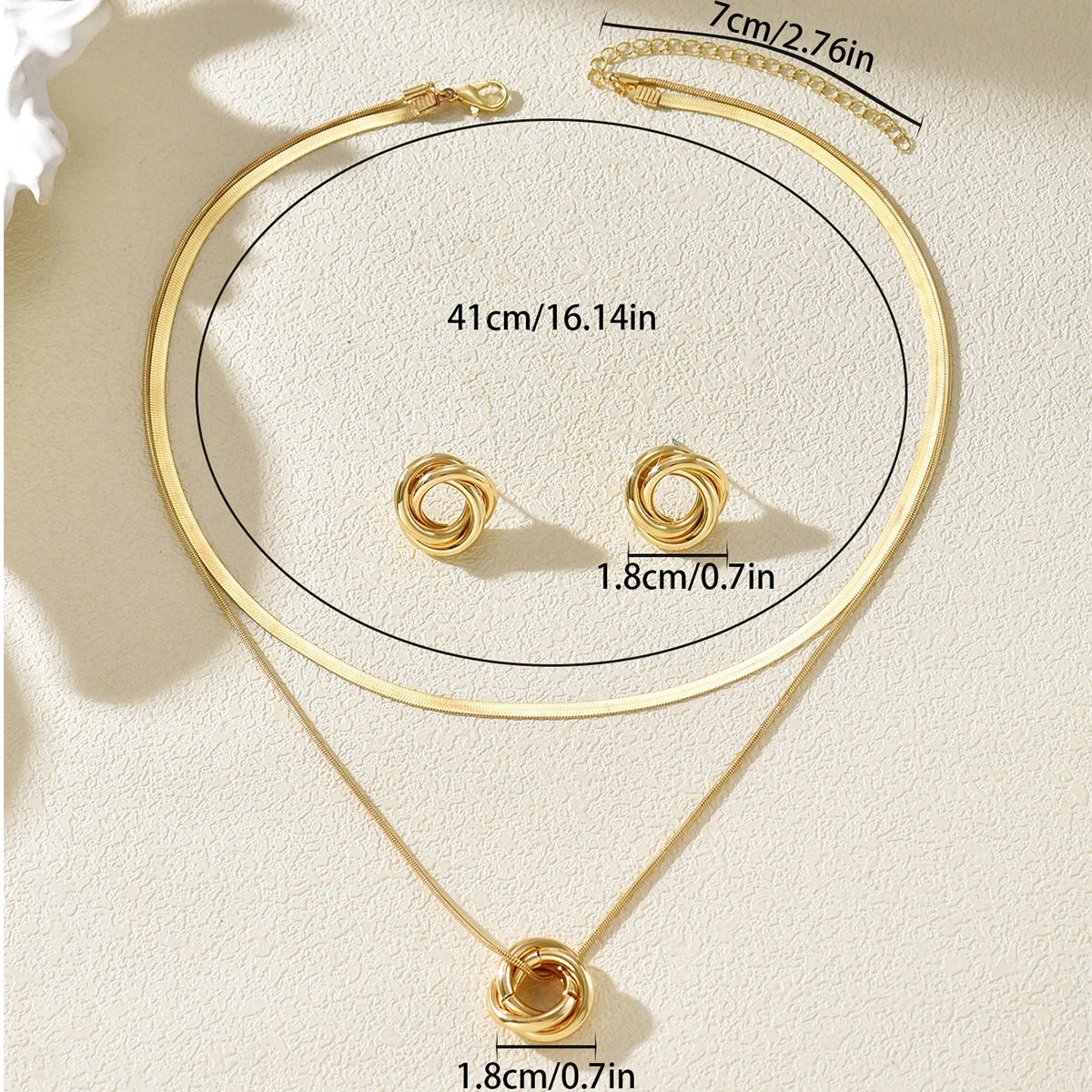Modern Double-Ring Pendant and Earring Set