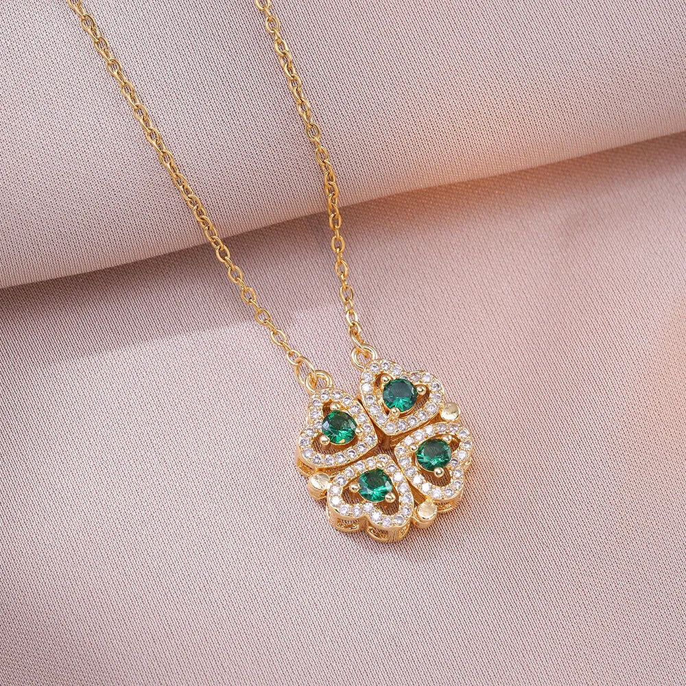 Romantic Sweet Can Open Zircon Clover Choker Necklace for Women Girls Trendy Stainless Steel Chain Luxury Bling Jewelry Gifts
