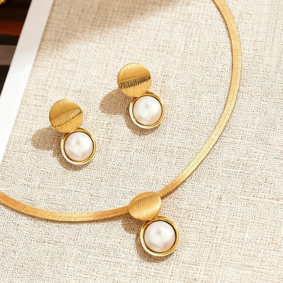 Golden Pearl Pendant Necklace & Drop Earrings Set
