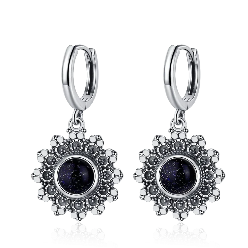 Silver Plated Snowflake Natural Kyanite Earrings for Women Round 6MM Blue Stone Vintage Jewelry Party Anniversary Gifts