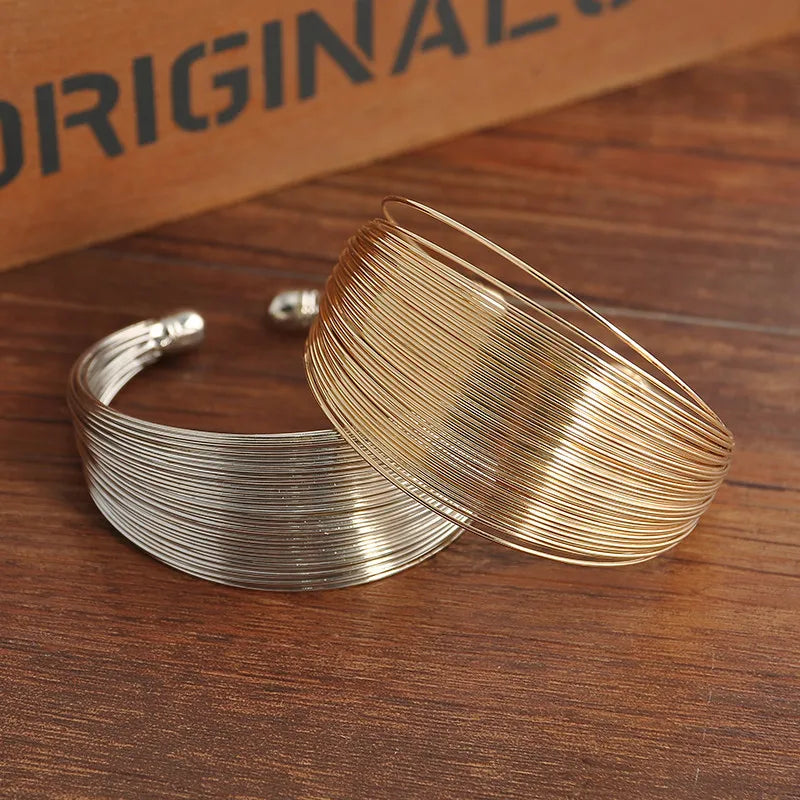 Fashion Multi-Layer Metal Wire String Open Bangle for Women Wide Sleeve Exaggerated Mouth Bracelet Jewelry Indian Bracelet