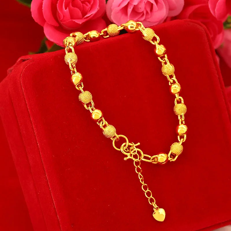 24k Plated Frosted Gold Solid Ball Bead Bracelet Women Jewelry Gift