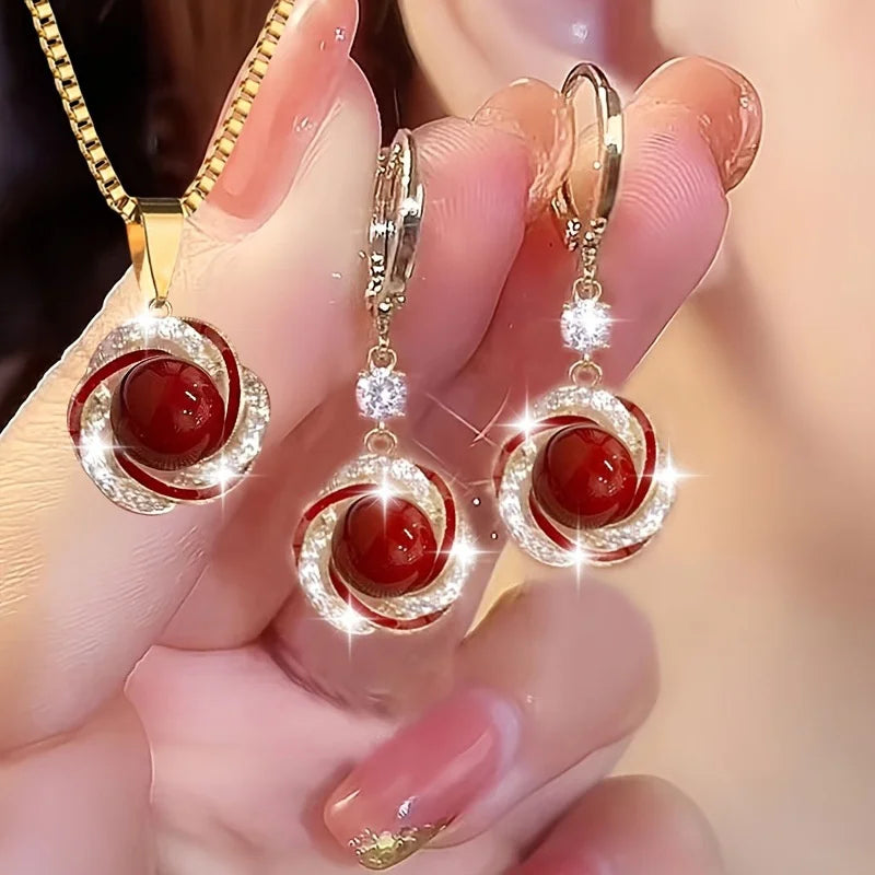 Light Luxury Shining Zircon Imitation Pearl Jewelry Sets for Women Trendy Versatile Necklace Earrings Party Christmas Gifts