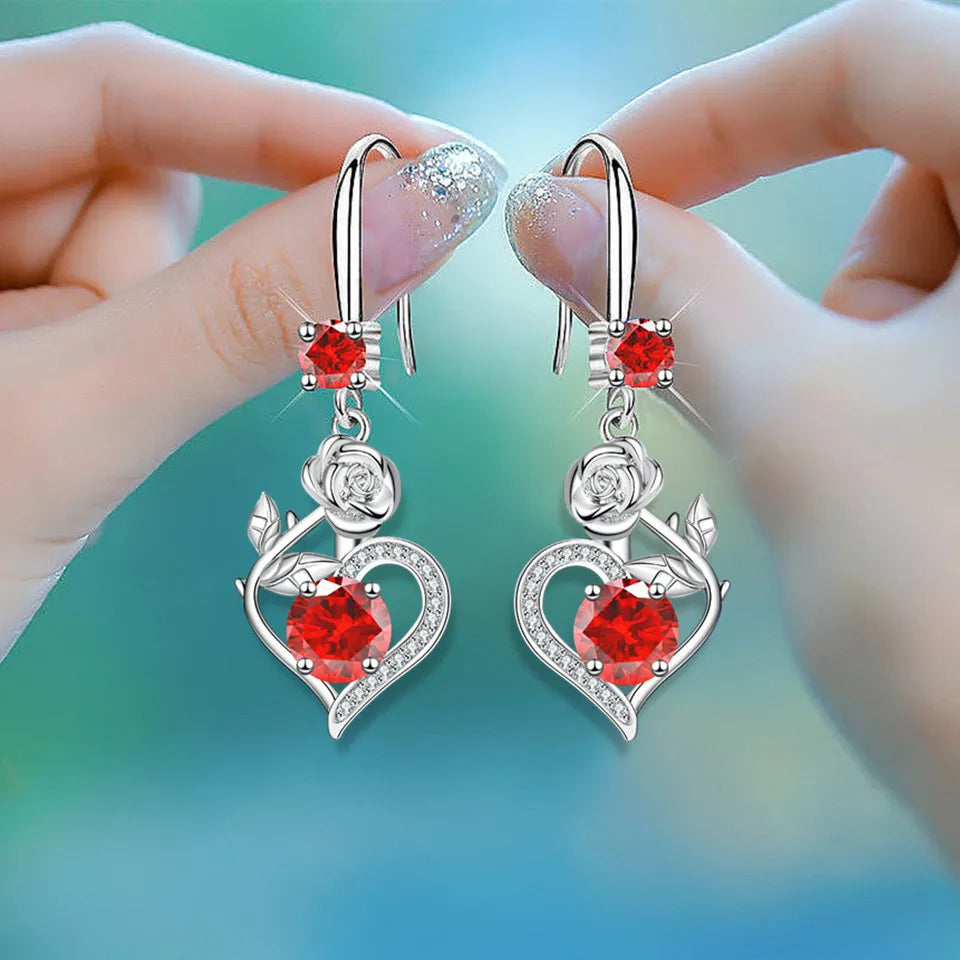Rose Flower Heart Drop Earrings For Women Silver Color Blue Red Green Pink Zircon Valentine Dangle Earring Mothers Day Jewelry
