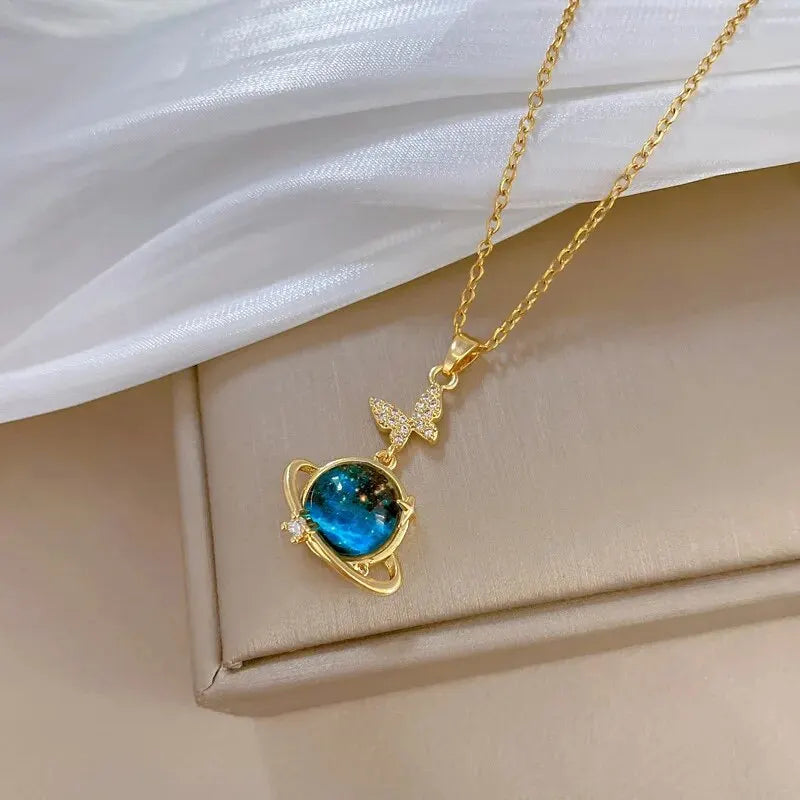 Galaxy Planet Necklace with Sparkling Crescent Moon