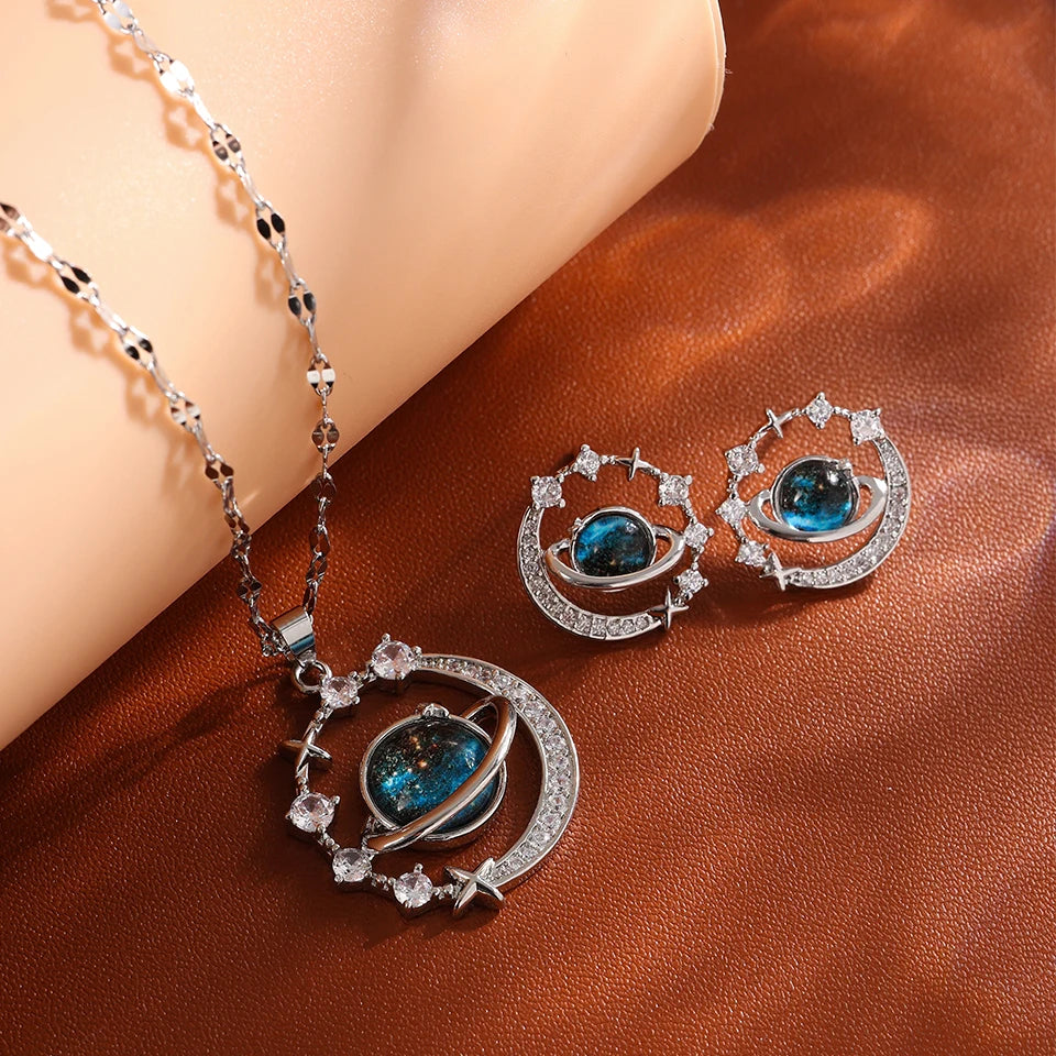 Galaxy Planet Necklace with Sparkling Crescent Moon
