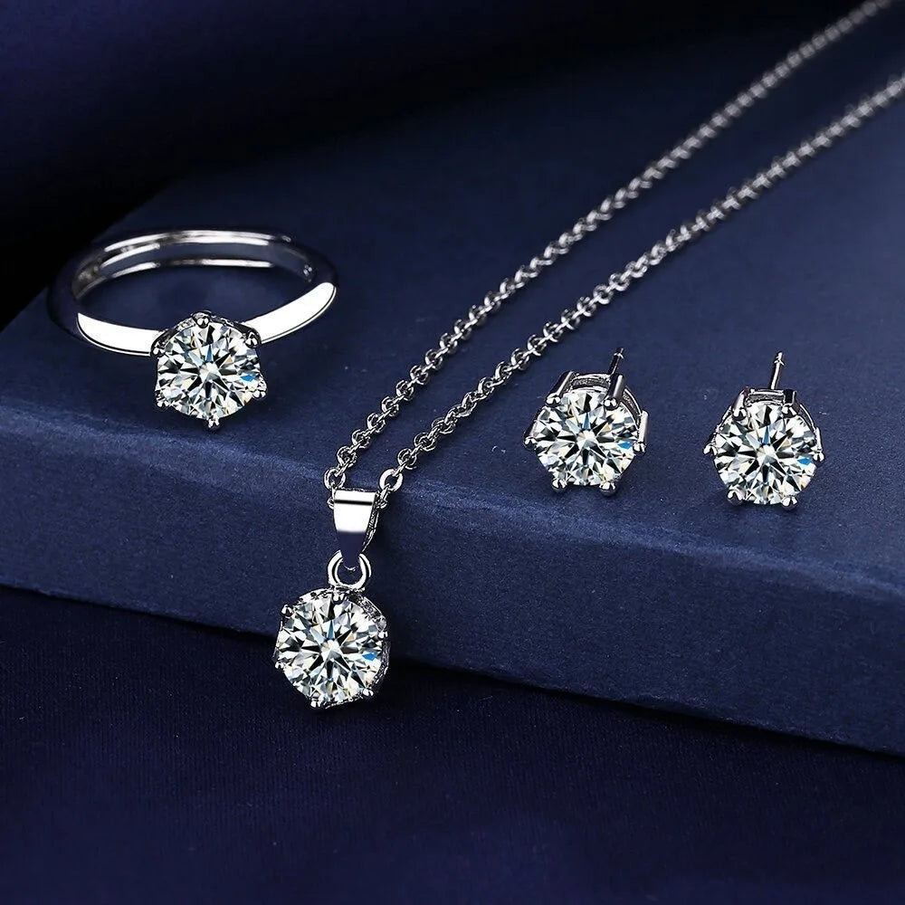 Classic Luxury Super Shiny Six-clawed Moissanite Pendant Necklace 1-carat Ring Earring Set for Women Bride Wedding Jewelry Sets