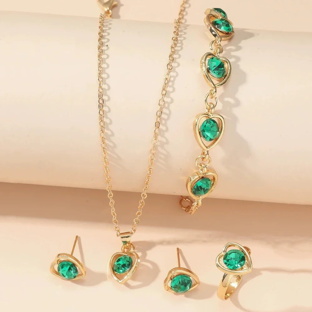 4pcs Luxury Heart Crystal Jewelry Set for Women Necklace Bracelet Ring Earrings Exquisite Wedding Party Accessories Holiday