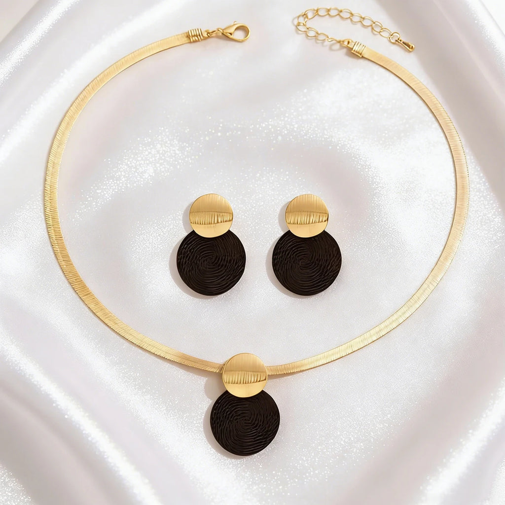 Modern Noir Disc Necklace and Earrings