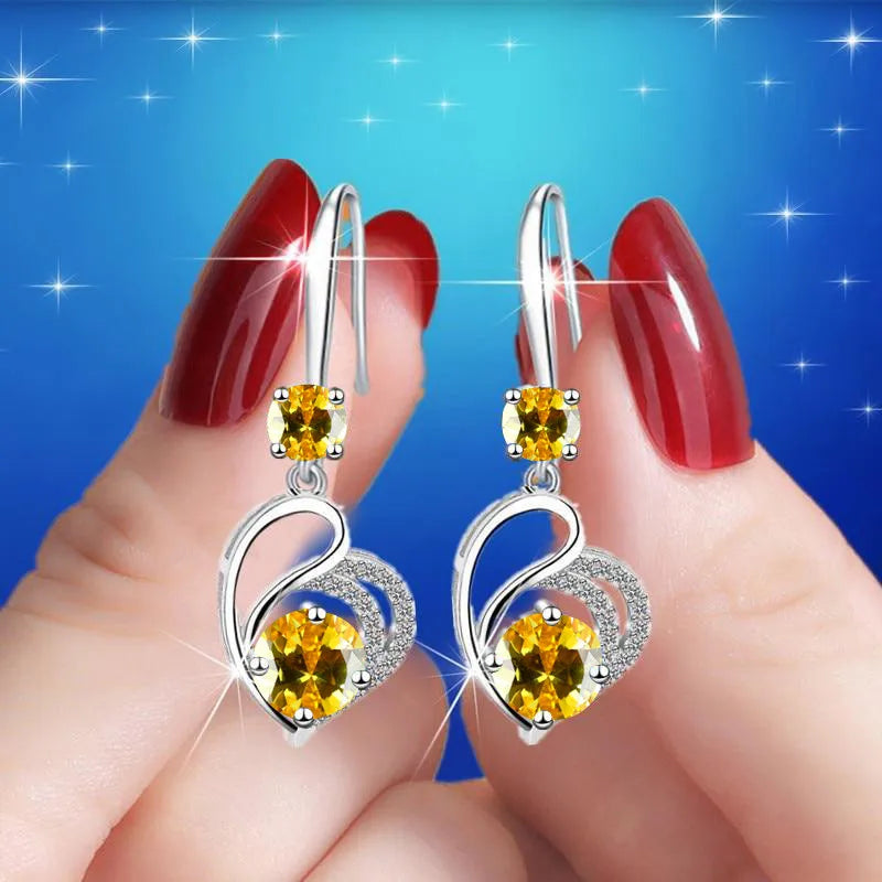 Cute Female Blue Love Heart Dangle Earrings Classic Silver Color Wedding Rainbow Crystal Round Stone Jewelry For Women