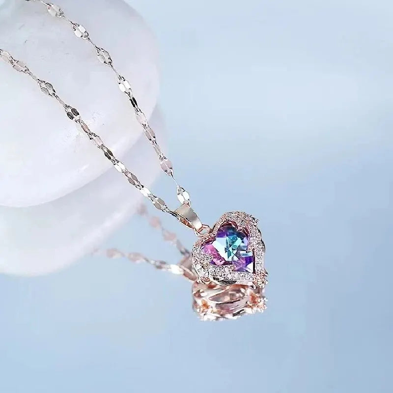 Blue Gem Heart Necklace with Rhinestone Accents