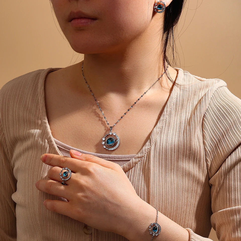 Galaxy Planet Necklace with Sparkling Crescent Moon