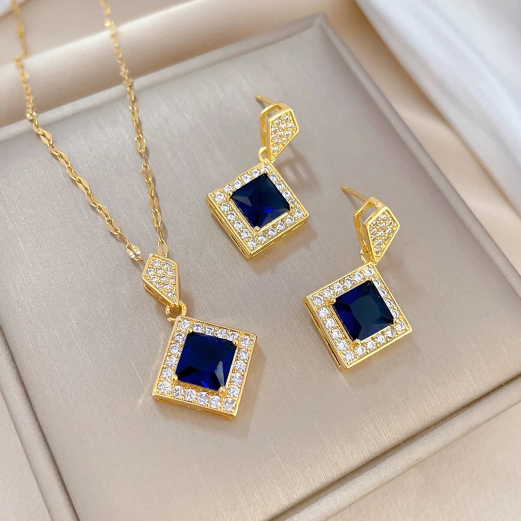 Exquisite Geometry Square Necklace Earrings Jewelry Set Charm Ladies Jewelry Fashion Bridal Accessory Set Romantic Gift
