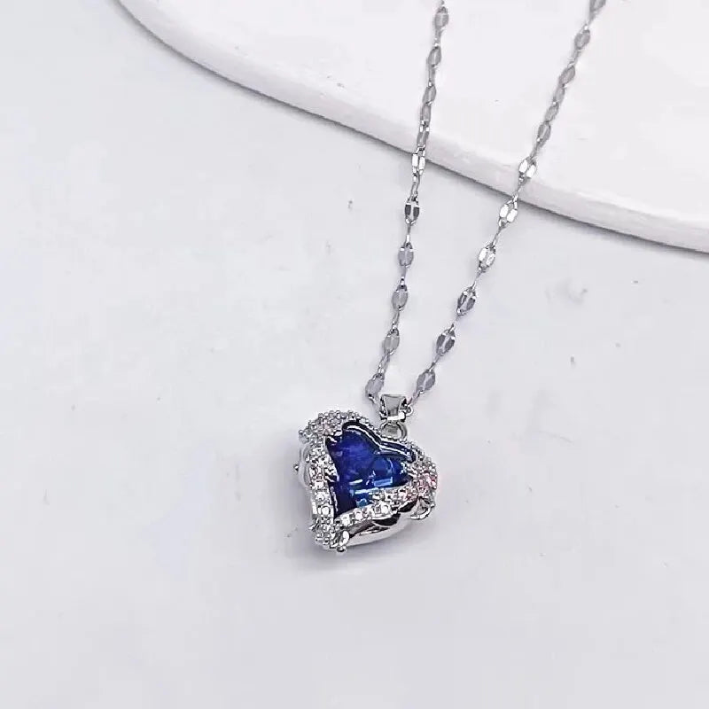 Blue Gem Heart Necklace with Rhinestone Accents