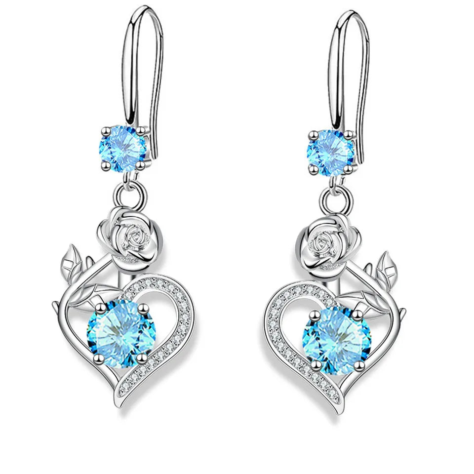 Rose Flower Heart Drop Earrings For Women Silver Color Blue Red Green Pink Zircon Valentine Dangle Earring Mothers Day Jewelry