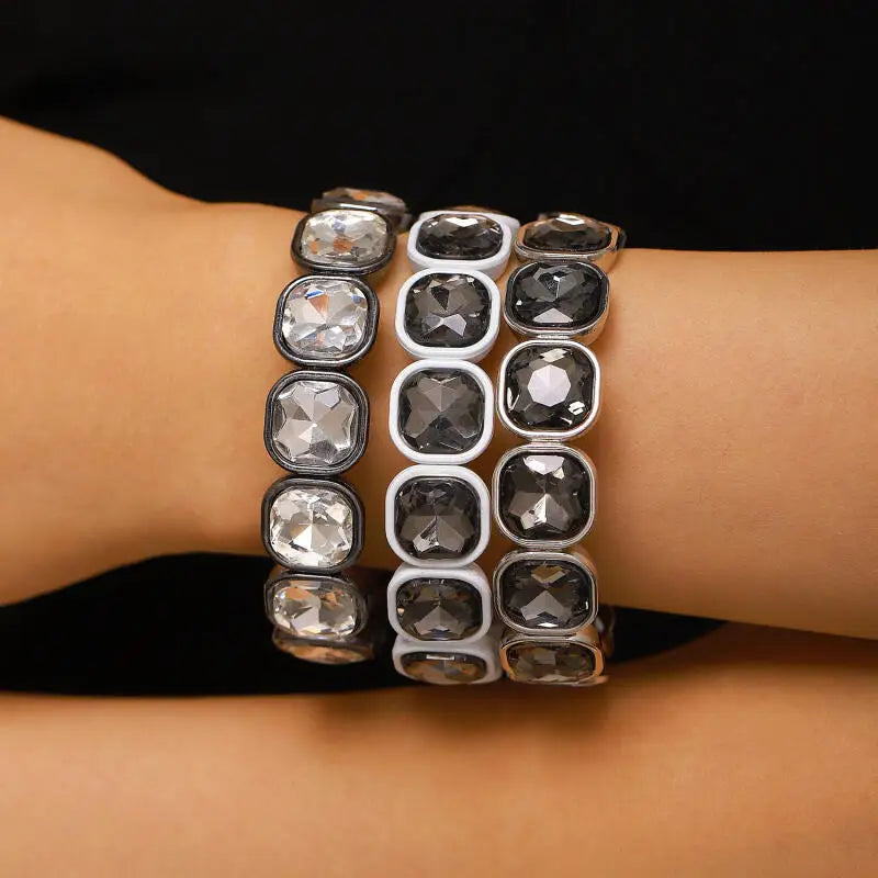 Geometric Square Acrylic Imitation Rhinestone Beaded Bracelets for Women Men Causal Fashion Elastic Bracelet Jewelry Accessories