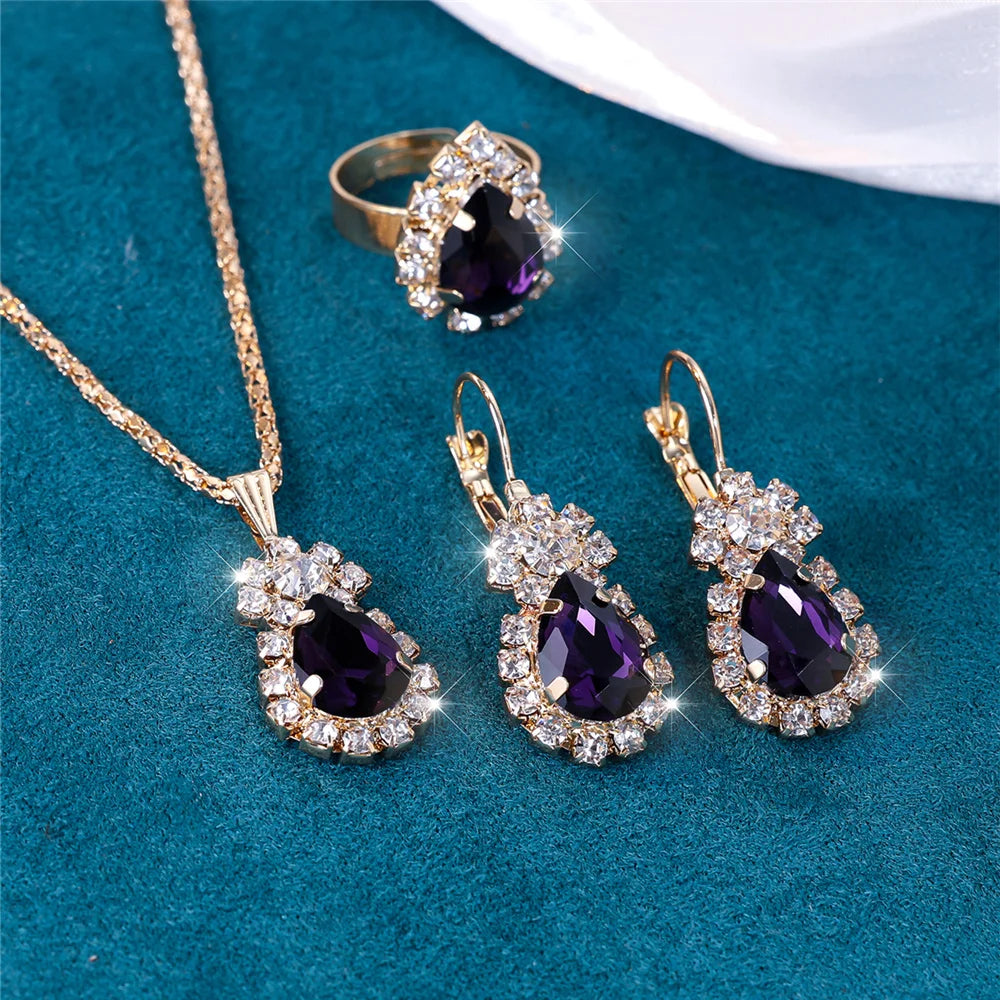 Luxury Female Women Blue Water Drop Wedding Jewelry Set