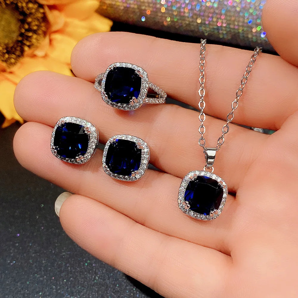 Royal Blue Crystal Jewelry Set – Necklace, Earrings & Ring