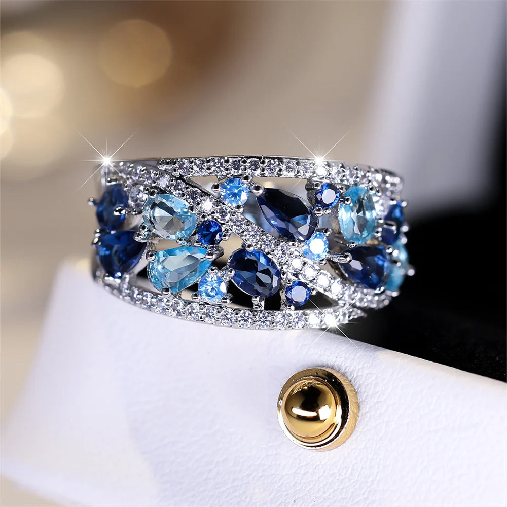 Blue Crystal Cluster Statement Ring