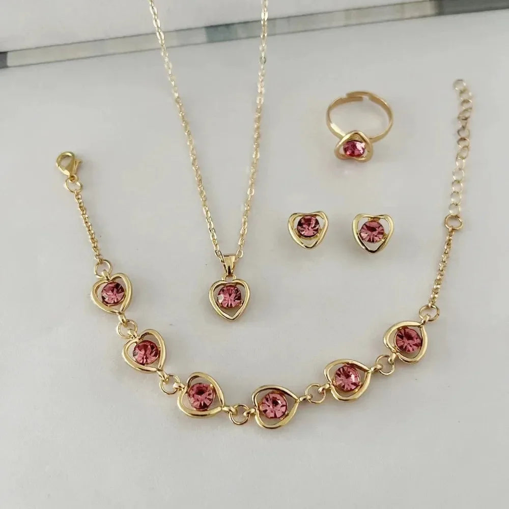 4pcs Luxury Heart Crystal Jewelry Set for Women Necklace Bracelet Ring Earrings Exquisite Wedding Party Accessories Holiday