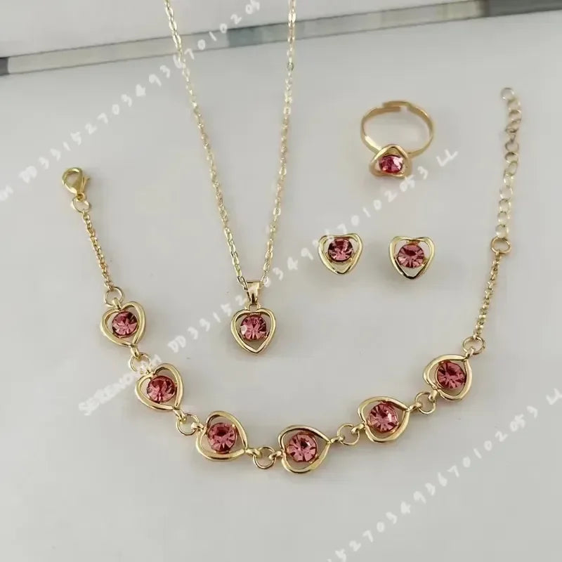 4pcs Luxury Heart Crystal Jewelry Set for Women Necklace Bracelet Ring Earrings Exquisite Wedding Party Accessories Holiday