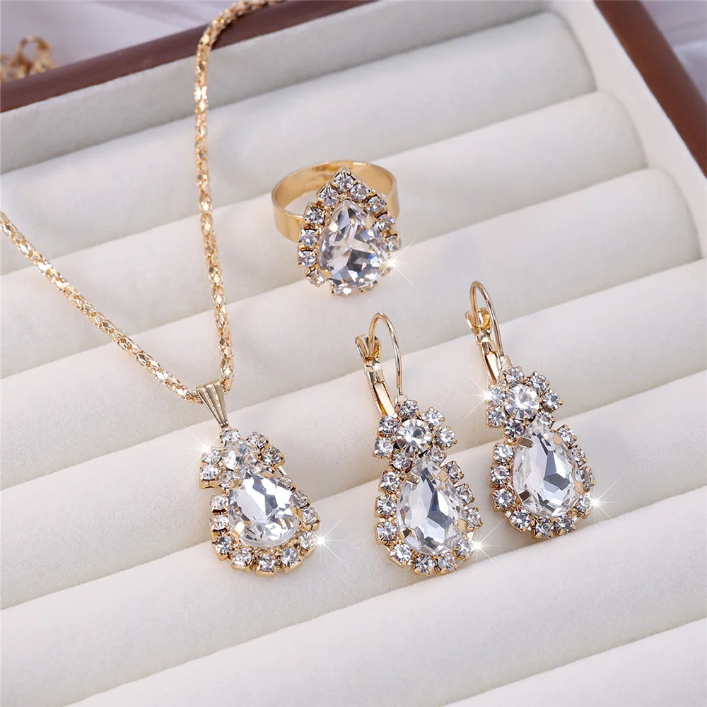 Luxury Female Women Blue Water Drop Wedding Jewelry Set