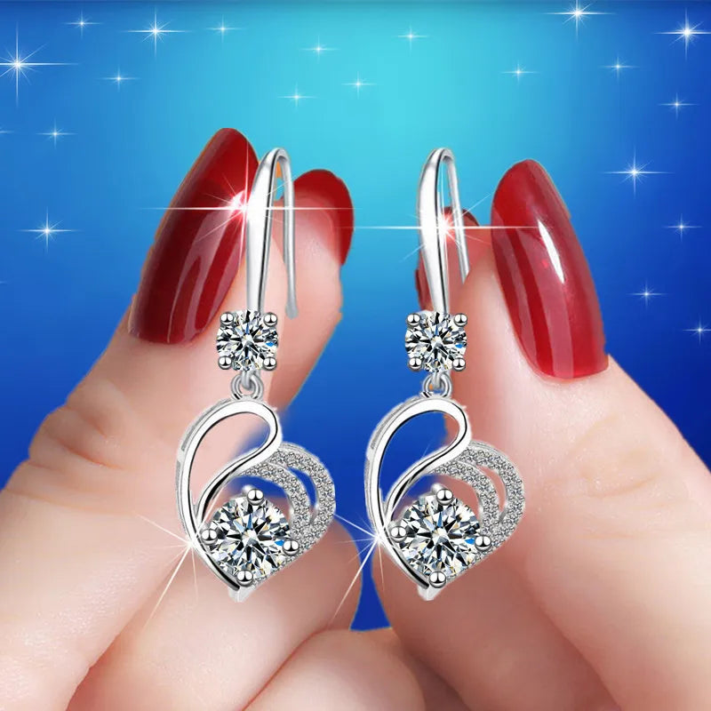 Cute Female Blue Love Heart Dangle Earrings Classic Silver Color Wedding Rainbow Crystal Round Stone Jewelry For Women