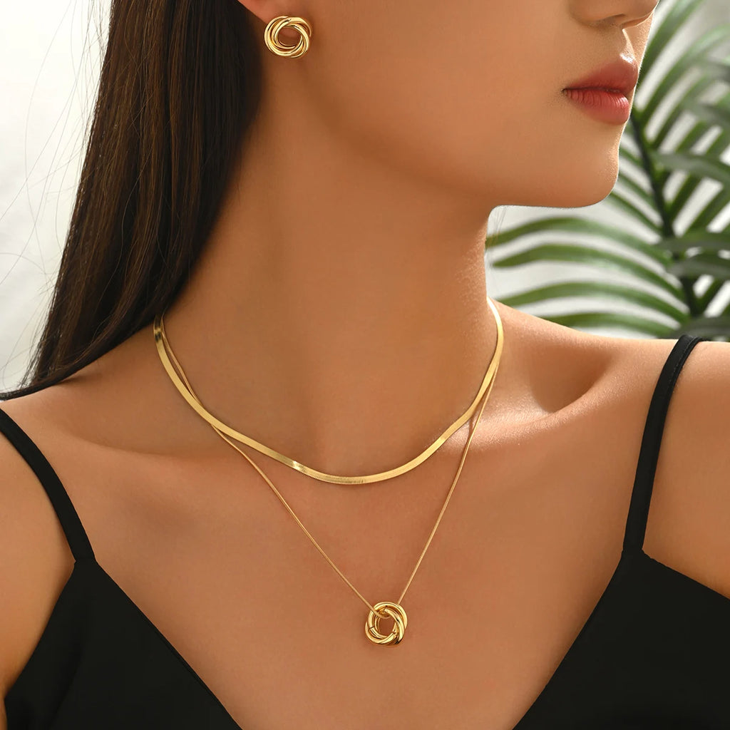 Modern Double-Ring Pendant and Earring Set