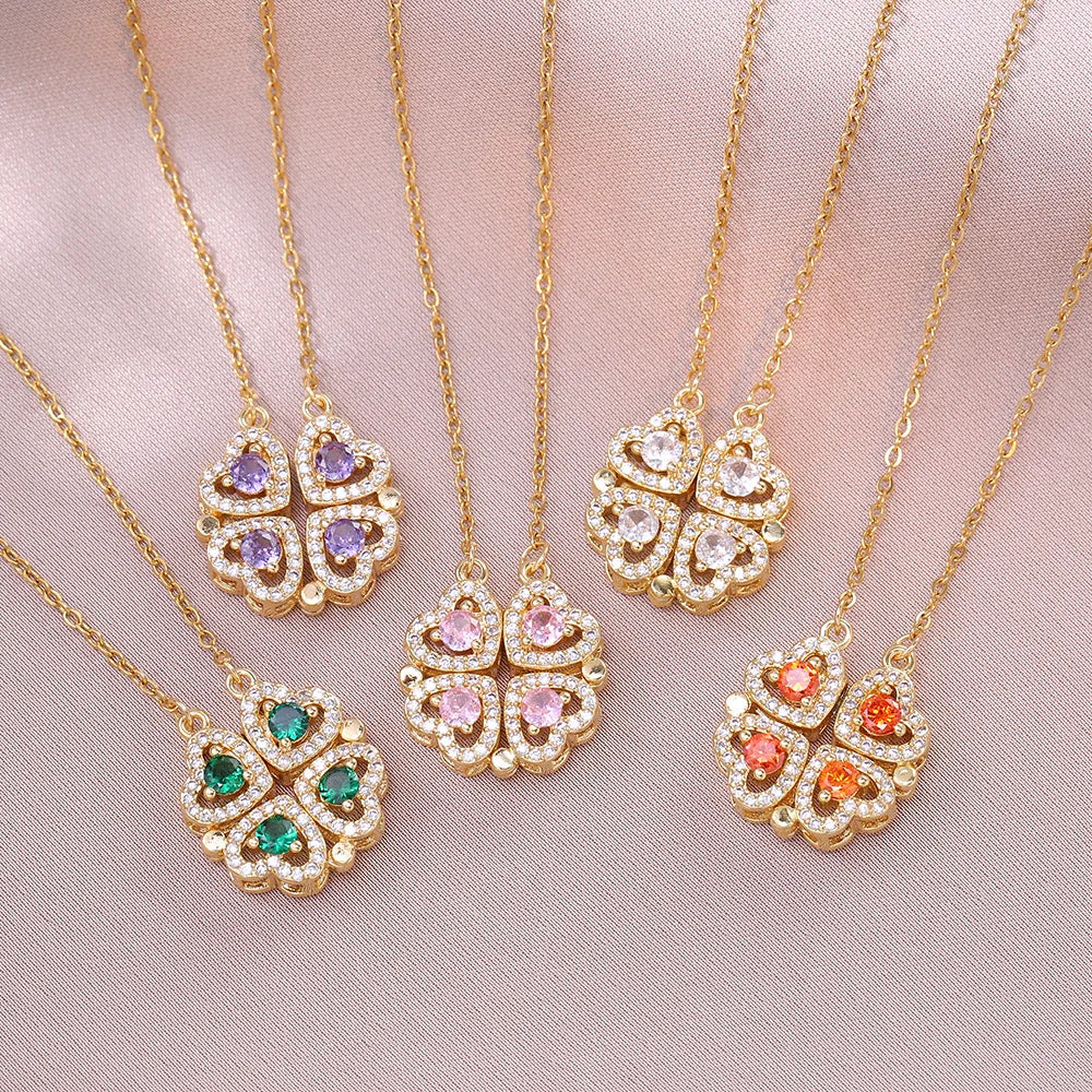 Romantic Sweet Can Open Zircon Clover Choker Necklace for Women Girls Trendy Stainless Steel Chain Luxury Bling Jewelry Gifts