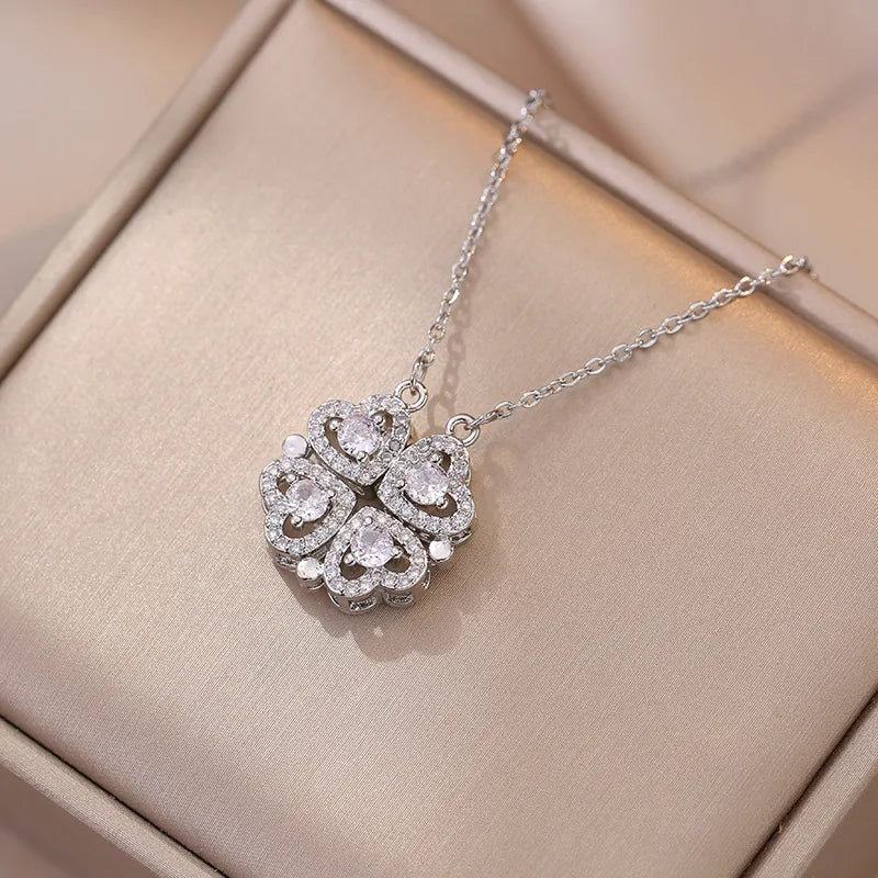 Romantic Sweet Can Open Zircon Clover Choker Necklace for Women Girls Trendy Stainless Steel Chain Luxury Bling Jewelry Gifts