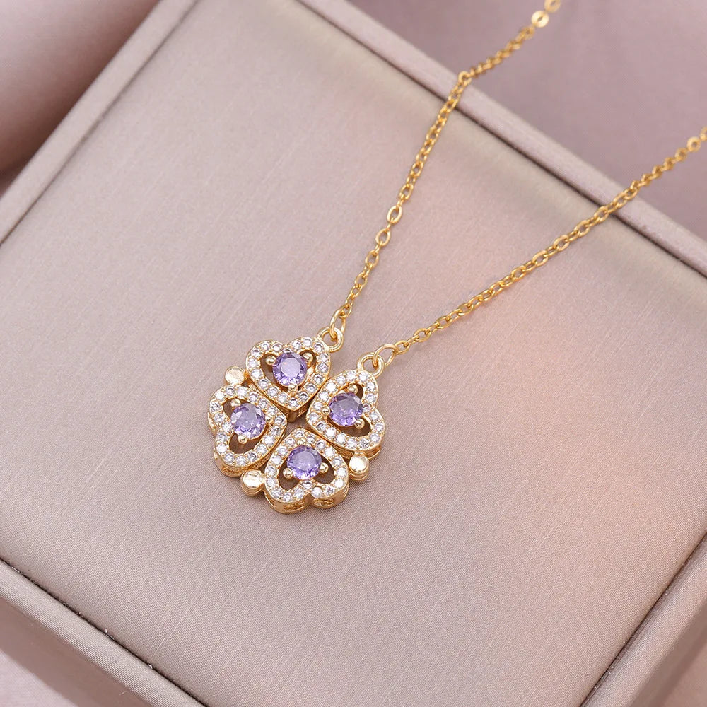 Romantic Sweet Can Open Zircon Clover Choker Necklace for Women Girls Trendy Stainless Steel Chain Luxury Bling Jewelry Gifts