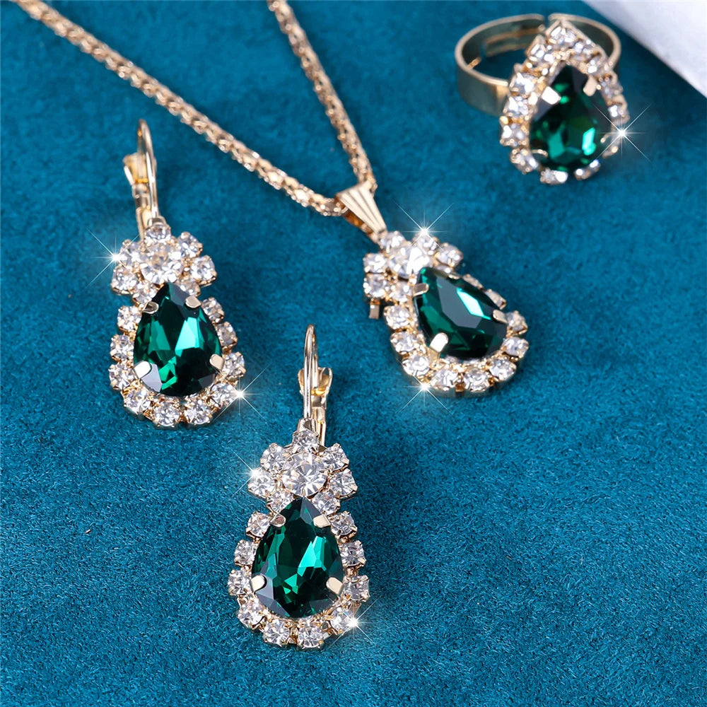 Luxury Female Women Blue Water Drop Wedding Jewelry Set