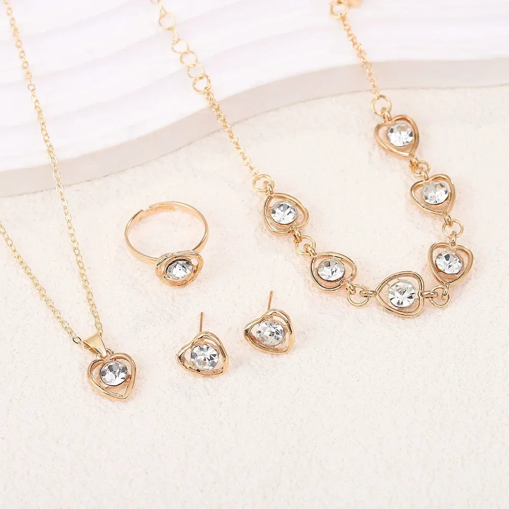 4pcs Luxury Heart Crystal Jewelry Set for Women Necklace Bracelet Ring Earrings Exquisite Wedding Party Accessories Holiday