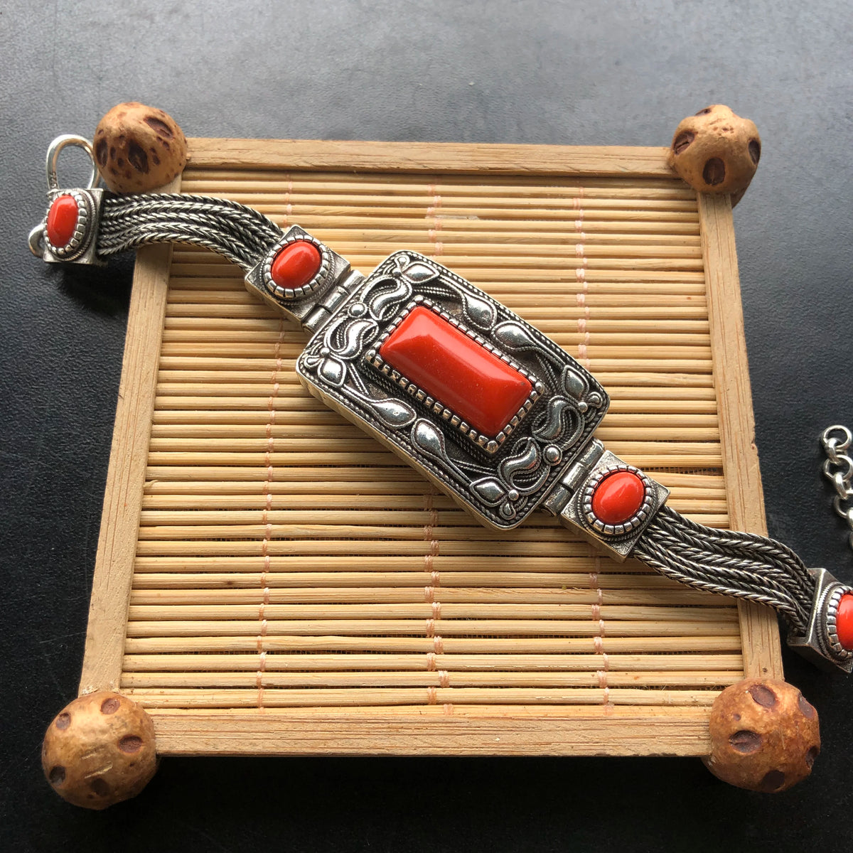 Vintage Tibetan Silver Bracelet Multi‑Chain Braided Band Rectangle & Oval Red Synthetic Stone Ornate Carved Ethnic Retro Women H