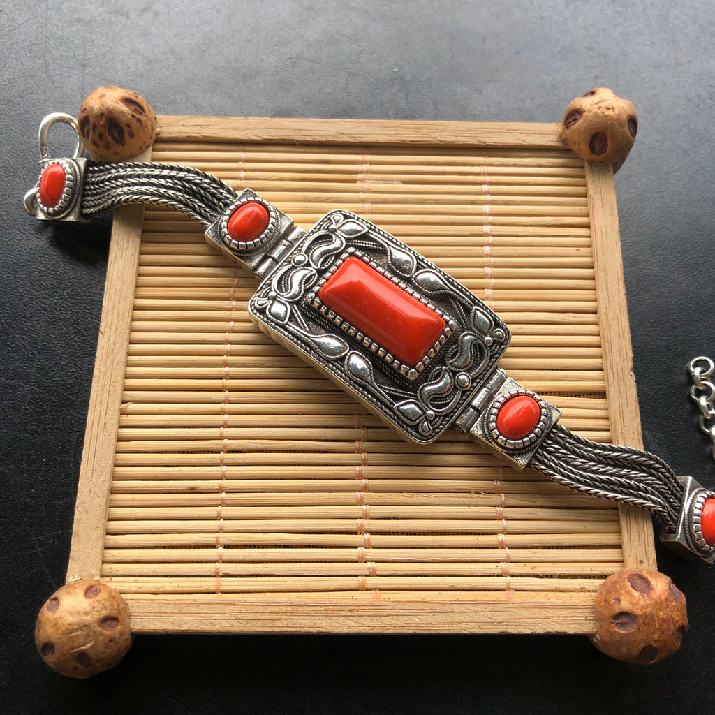 Vintage Tibetan Silver Bracelet Multi‑Chain Braided Band Rectangle & Oval Red Synthetic Stone Ornate Carved Ethnic Retro Women H