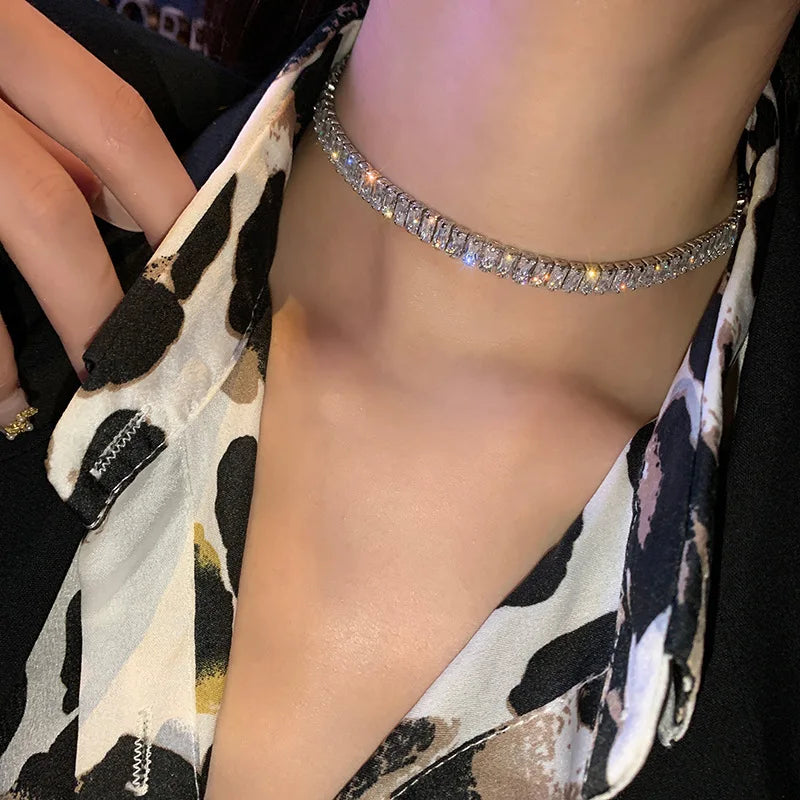 Stainless Steel Shiny Zircon Necklace for Women Simple Adjustable Rhinestones Collar Choker Necklace Fine Jewelry Gifts