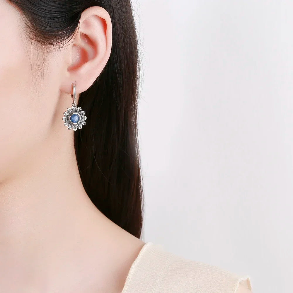 Silver Plated Snowflake Natural Kyanite Earrings for Women Round 6MM Blue Stone Vintage Jewelry Party Anniversary Gifts