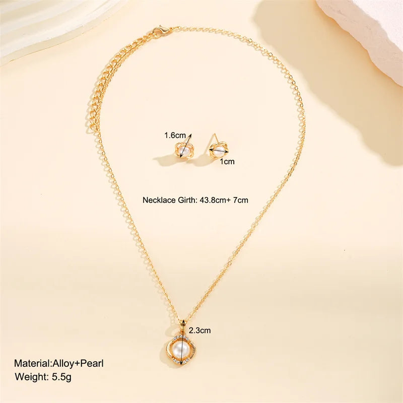 3pcs Shining Zircon Flower Jewelry Sets for Women Light Luxury Imitation Pearl Pendant Necklace Earrings Banquet Party Jewelry