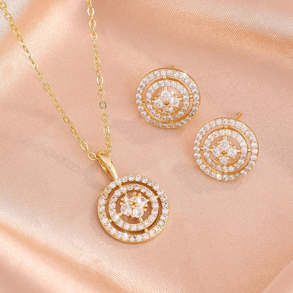 ZAKOL Minimalist Fashion Women Jewelry Set Round Cubic Zirconia Pendant Necklace Earrings Bridal Wedding Accessories