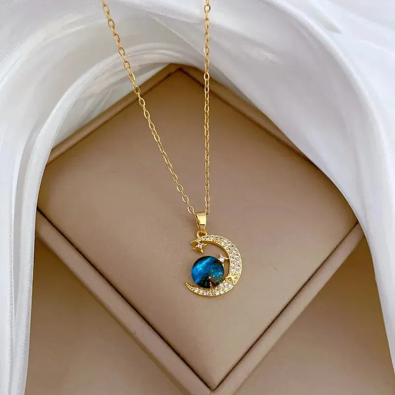 Galaxy Planet Necklace with Sparkling Crescent Moon