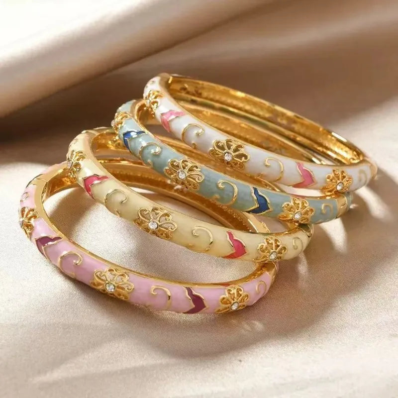 Colorful Enamel Floral Bangle Bracelet Retro Gold-Tone Open Cuff Elegant Dainty Jewelry For Women Gifts